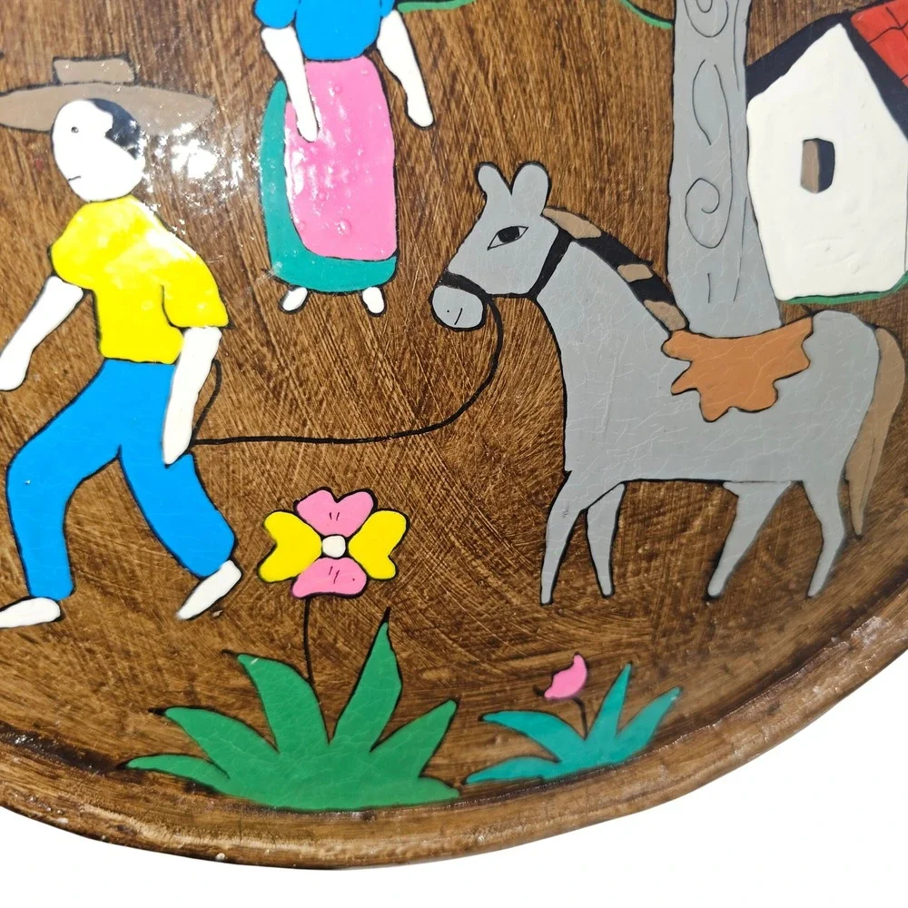 Vintage El Salvador Hand Painted Folk Art Serving Tray Village Scene Donkey
